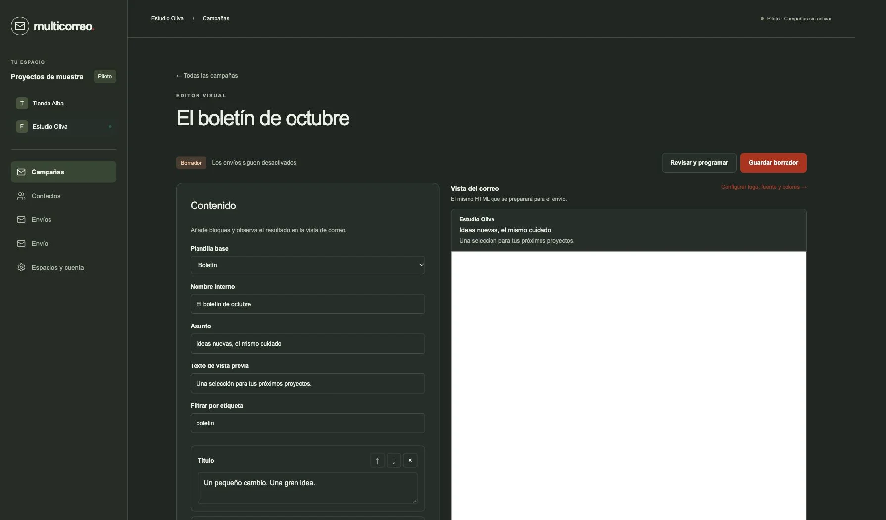 Editor real de Multicorreo con un boletín ficticio de Estudio Oliva y su vista previa.